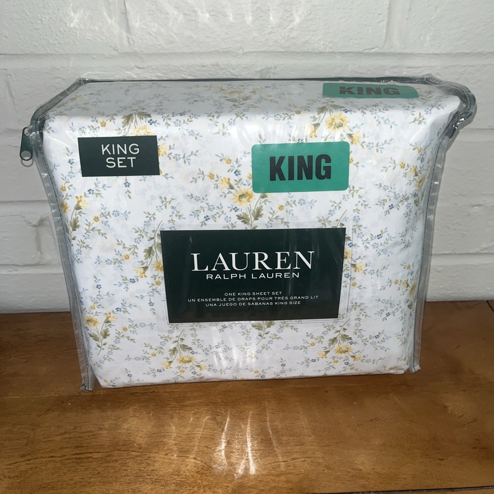 NIB Lauren Ralph Lauren King Sheet Set Nelida Yellow Blue Wildflower Cottage VTG